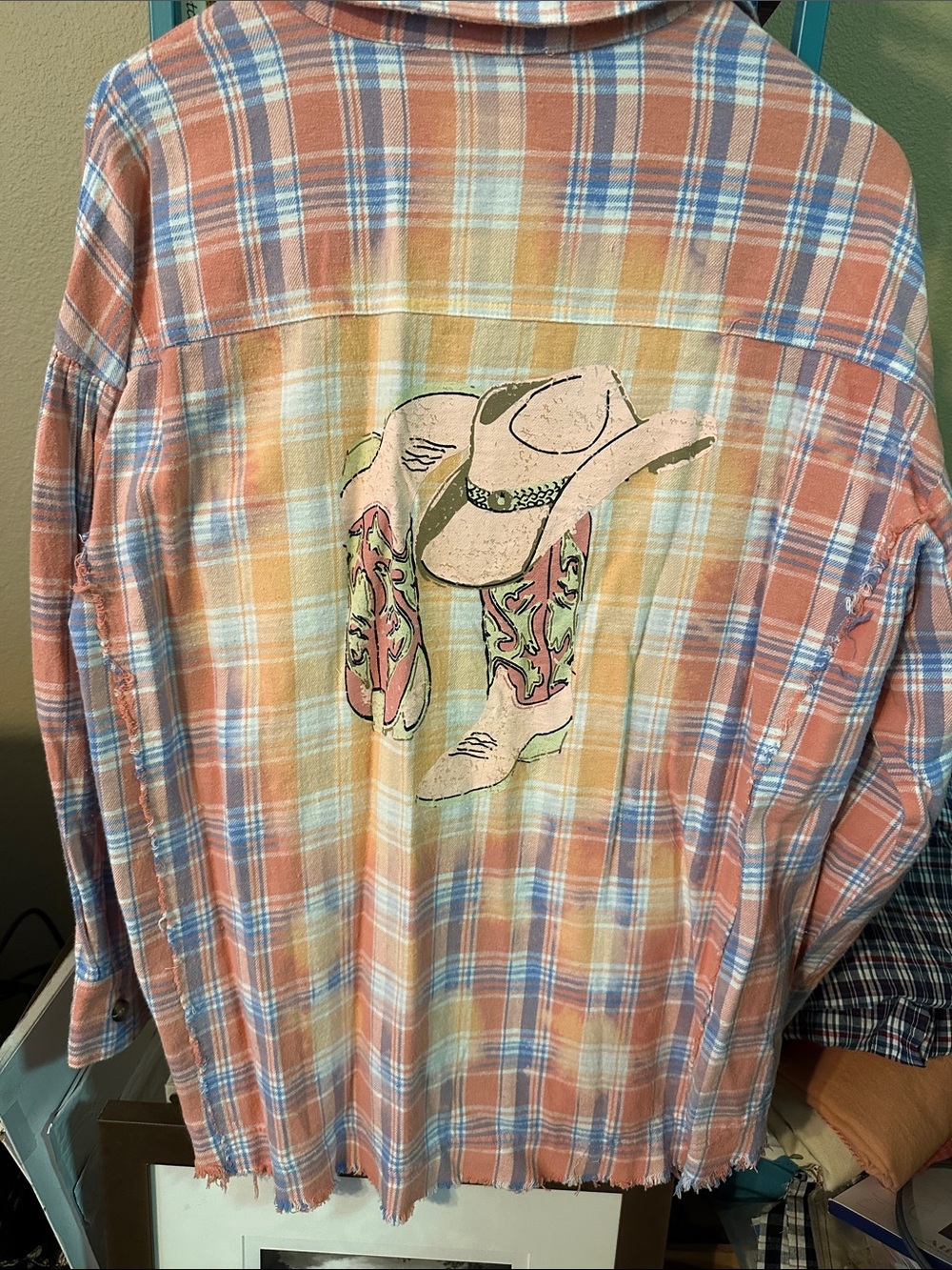 Womens Plaid Button-Down Shirt with Western Graphic - Peach/Blue